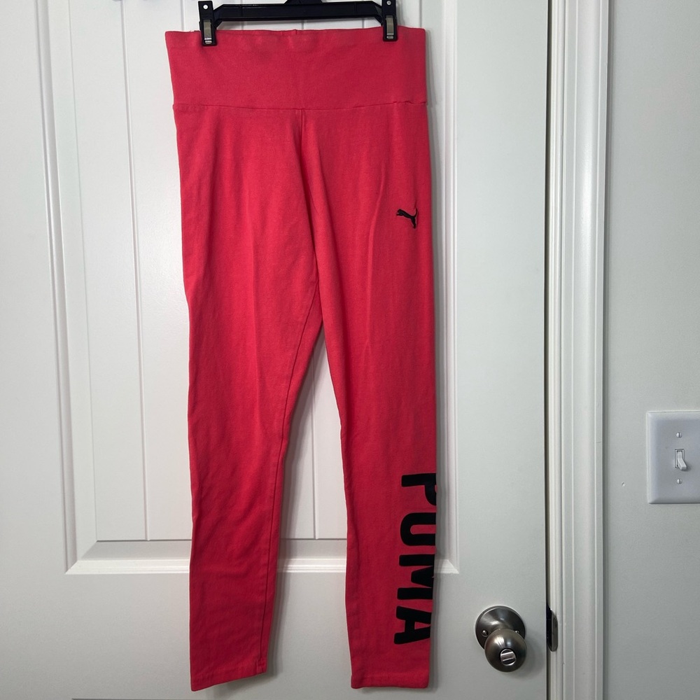 PUMA girl’s neon bright pink black decal‎ high waisted stretch soft leggings M